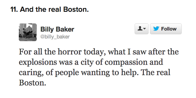 Screen shot saying: For all the horror today, what I saw after the explosions was a city of compassion and caring